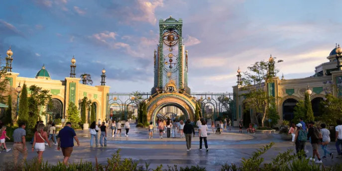 Clock tower and archway at Celestial Park, the central hub of Universal's Epic Universe.